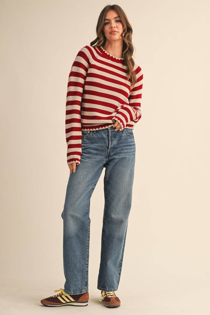 Striped Puff Sleeve Sweater w/ Contrast Stitch
