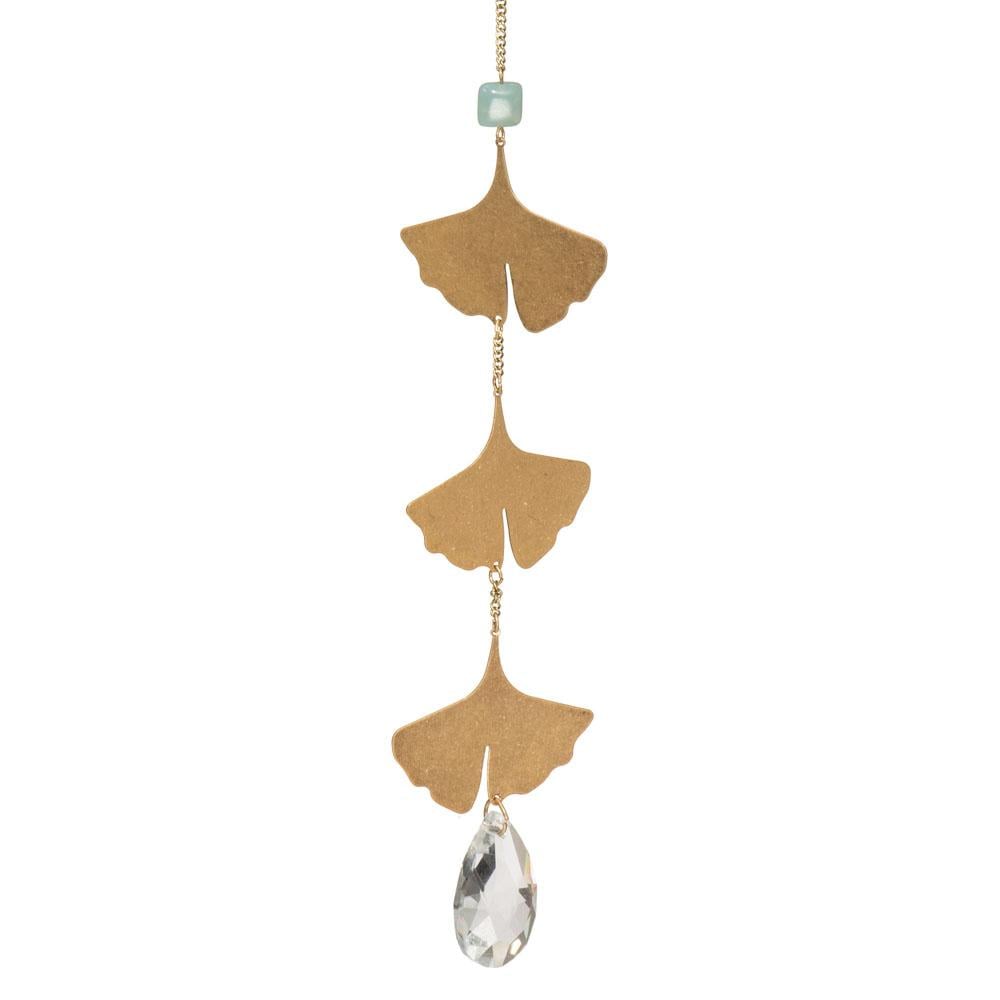 Scout suncatcher with three gold ginkgo leaves, green stone accent, and crystal drop