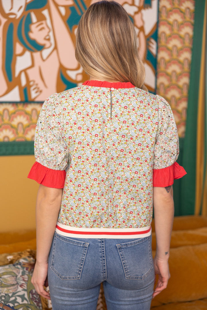 Striped Band Floral Embroidered Top