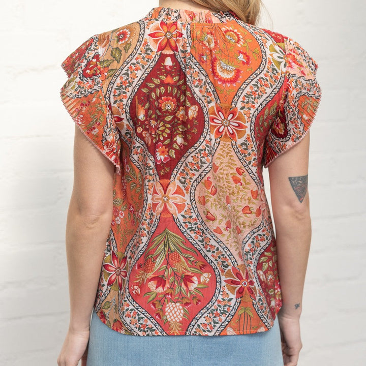 Pleated Sleeve Button Down Floral Printed Top