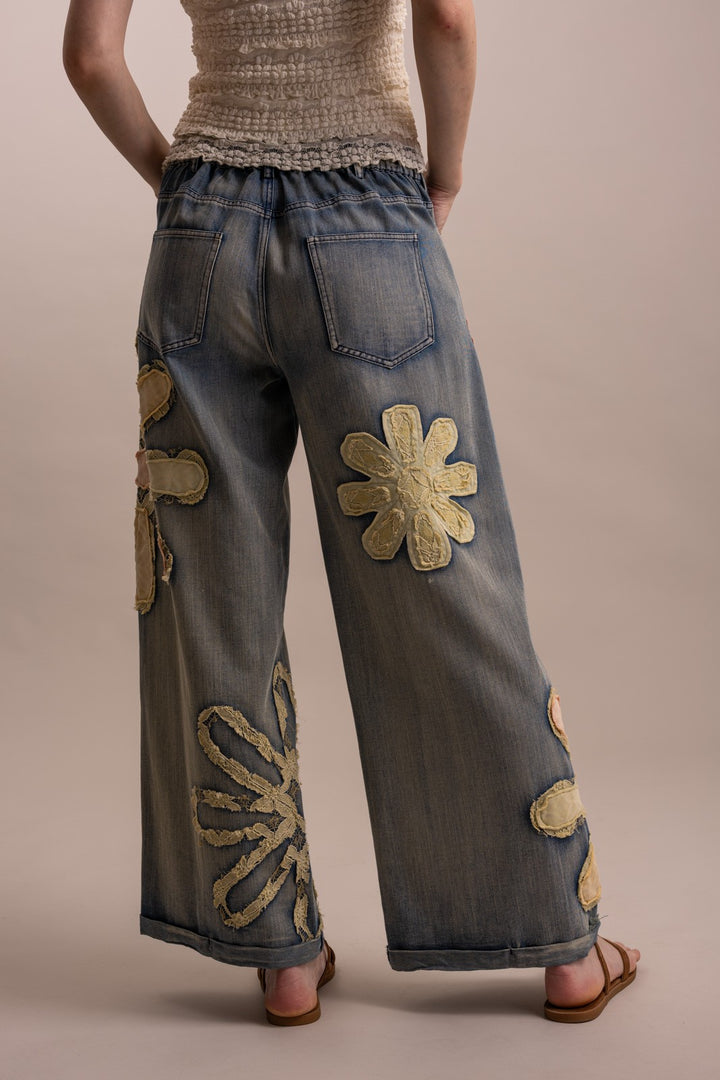 Flower Patchwork Wide Leg Denim Pants