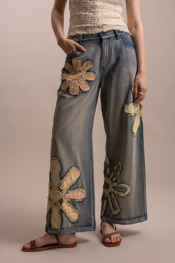 Flower Patchwork Wide Leg Denim Pants