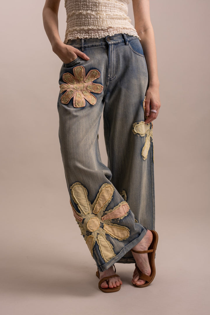 Flower Patchwork Wide Leg Denim Pants