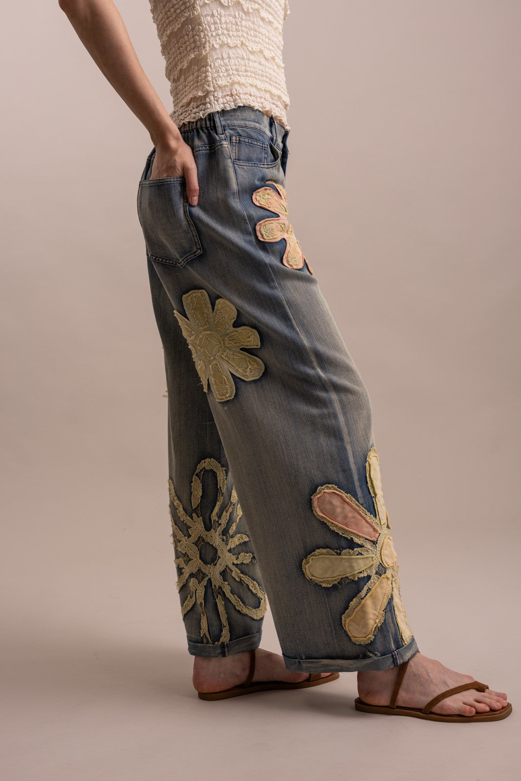 Flower Patchwork Wide Leg Denim Pants