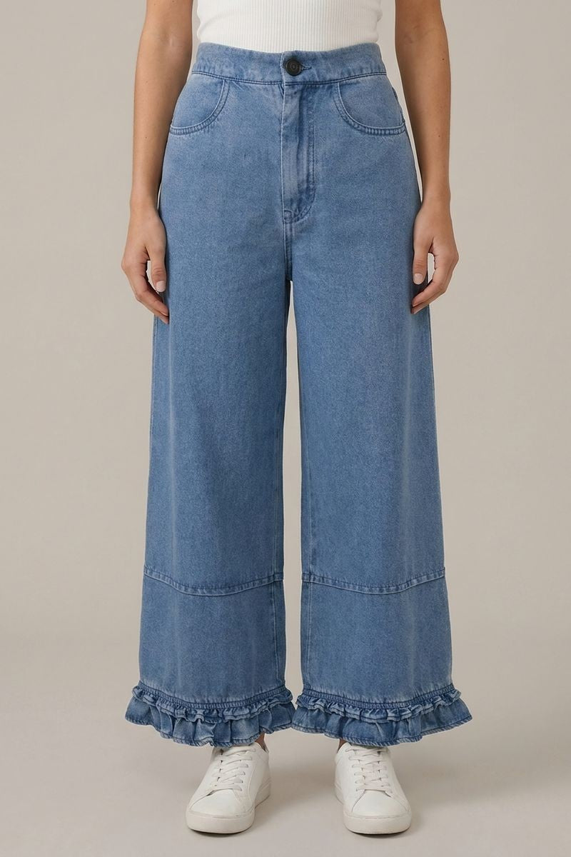 Denim Ruffle Hem Pants