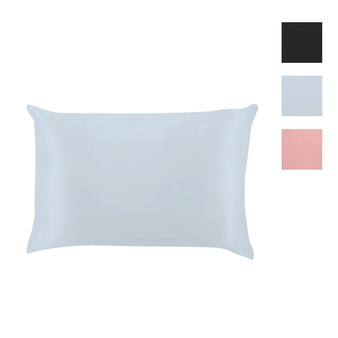 Light blue silky satin pillowcase with smooth finish on white background
