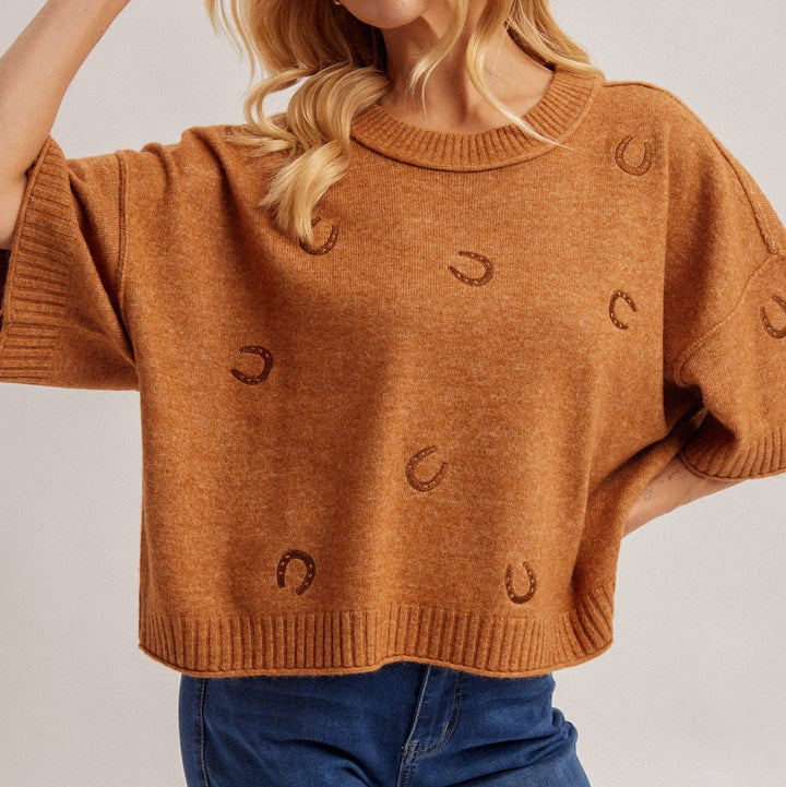 Horse Shoe Embroidered Short Sleeve Sweater