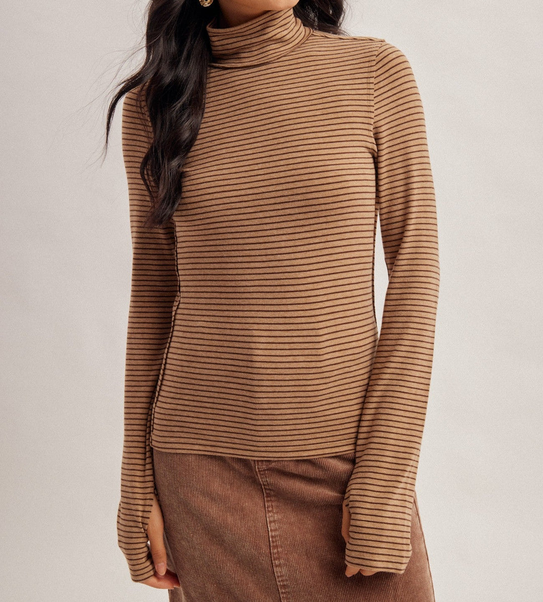 Stripe Turtle Neck Long Sleeve With Thumbhole