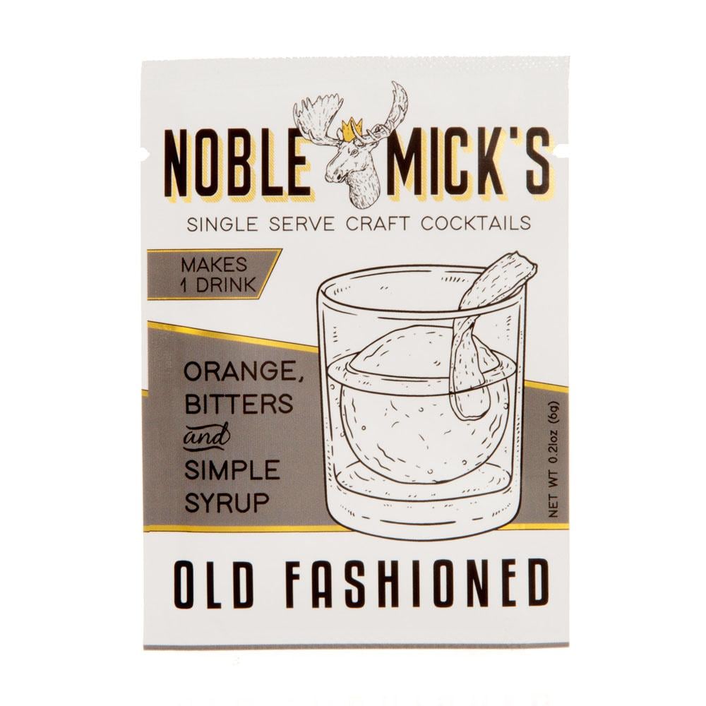 Noble Mick's Old Fashioned single serve craft cocktail mix packet with moose logo