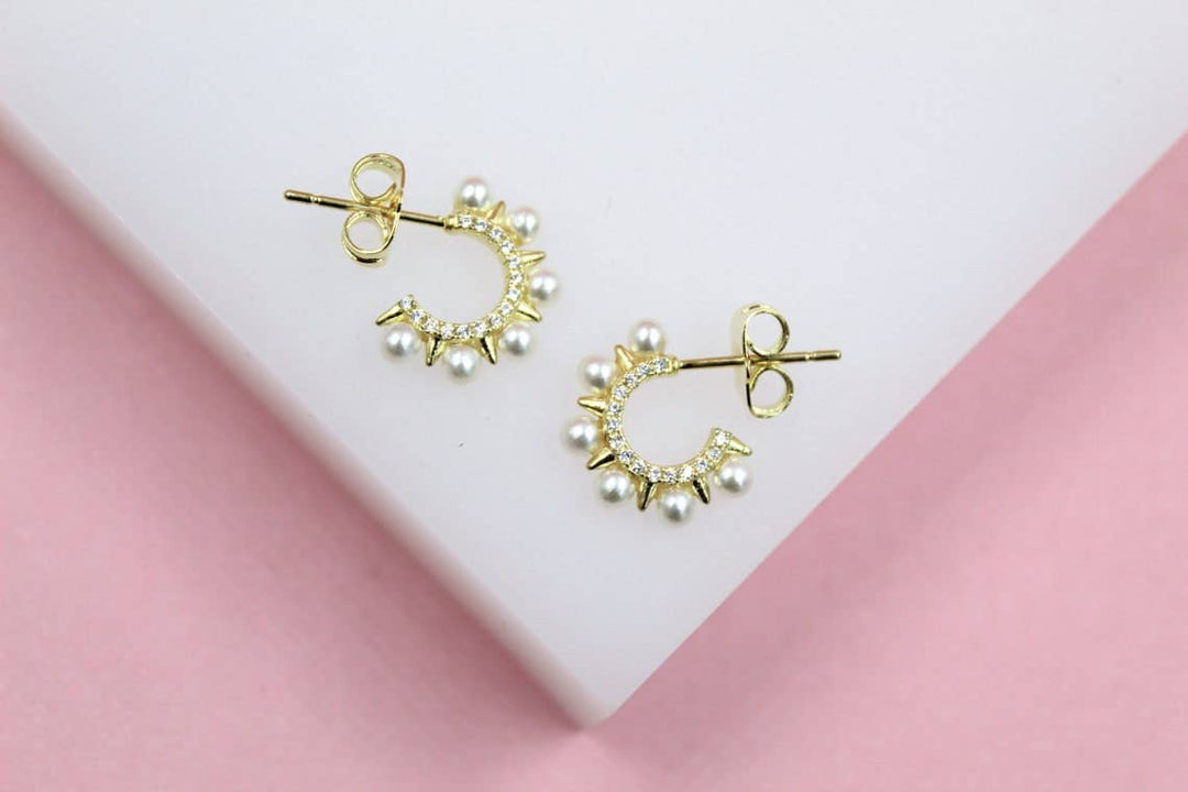 18K Gold Filled Spike Pearl Open Hoops