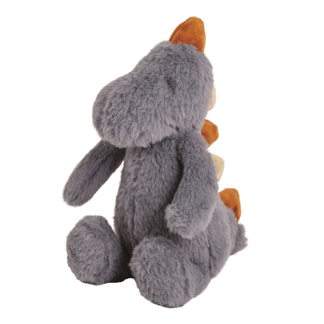 Gray plush dinosaur toy with orange spikes and soft fuzzy texture