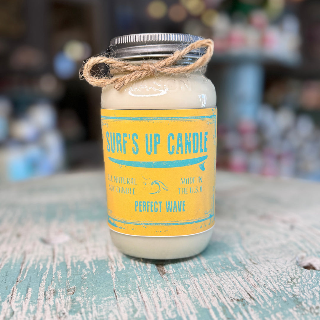 Surf's Up Candle Perfect Wave scented soy candle in a mason jar with twine bow