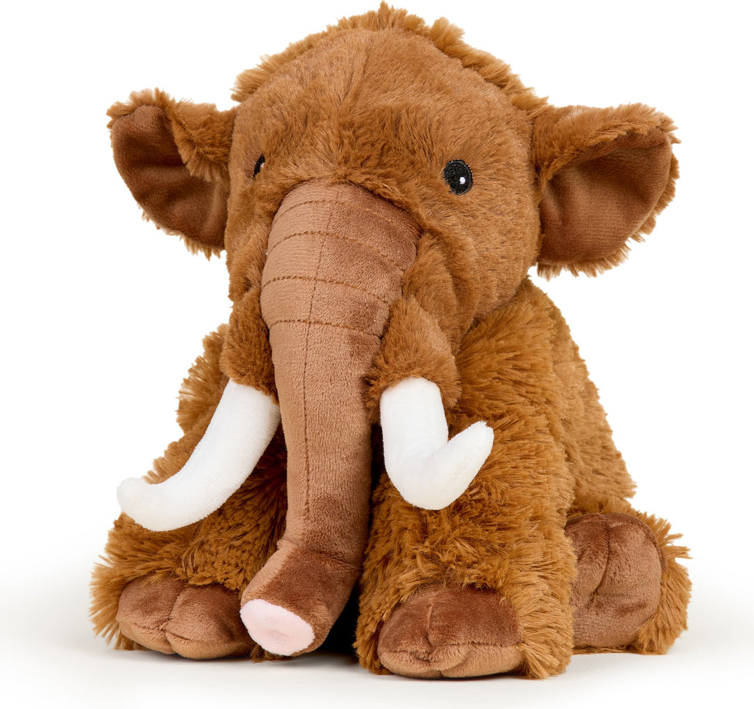 Warmies brown wooly mammoth plush toy with white tusks and soft textured fur