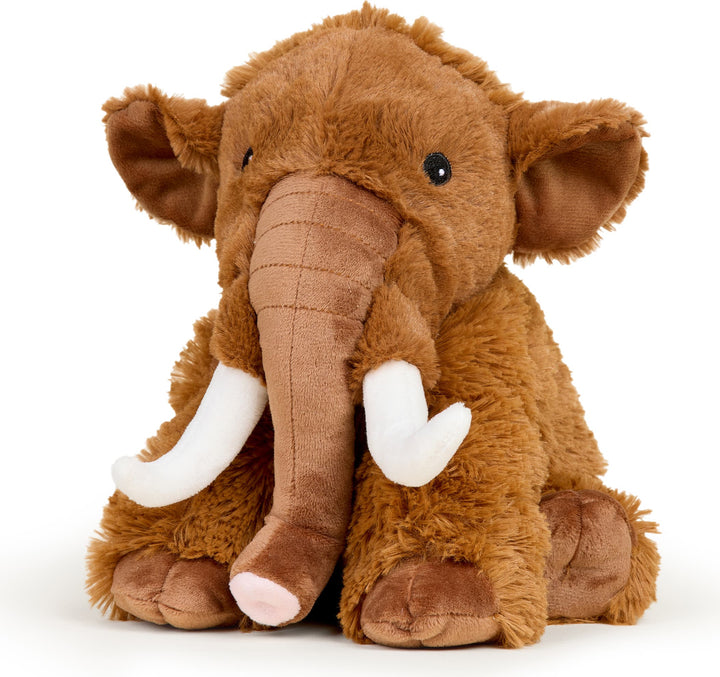 Warmies brown wooly mammoth plush toy with white tusks and soft textured fur