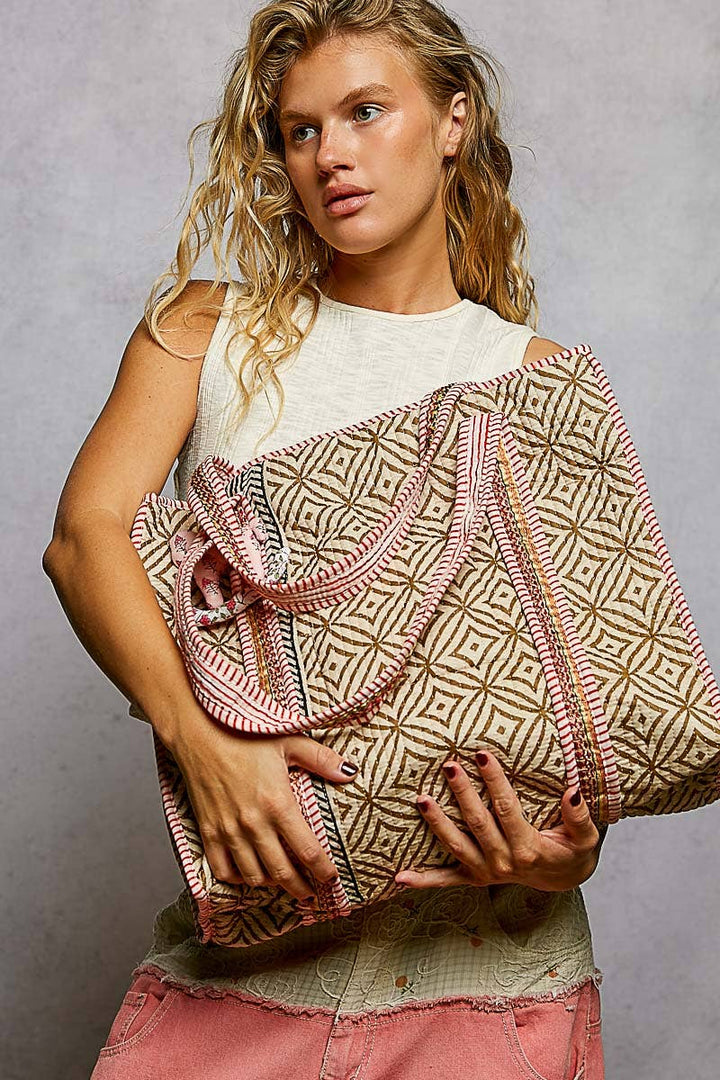 Striped Bias Tape Bohemian Quilted Beige Tote Bag