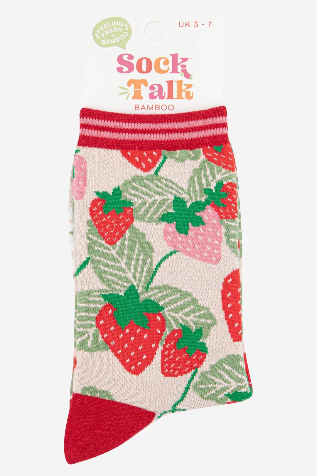 Sock Talk bamboo ankle socks in cream with red and pink strawberry pattern, UK 3-7