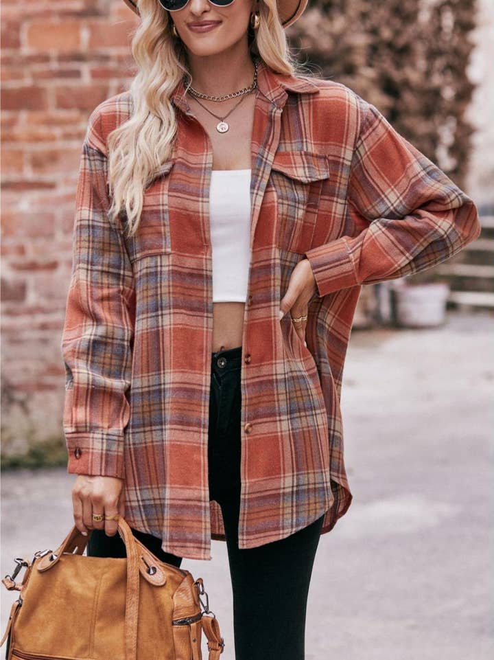 Women's Caramel Plaid Oversized Flannel Button Down Shirt