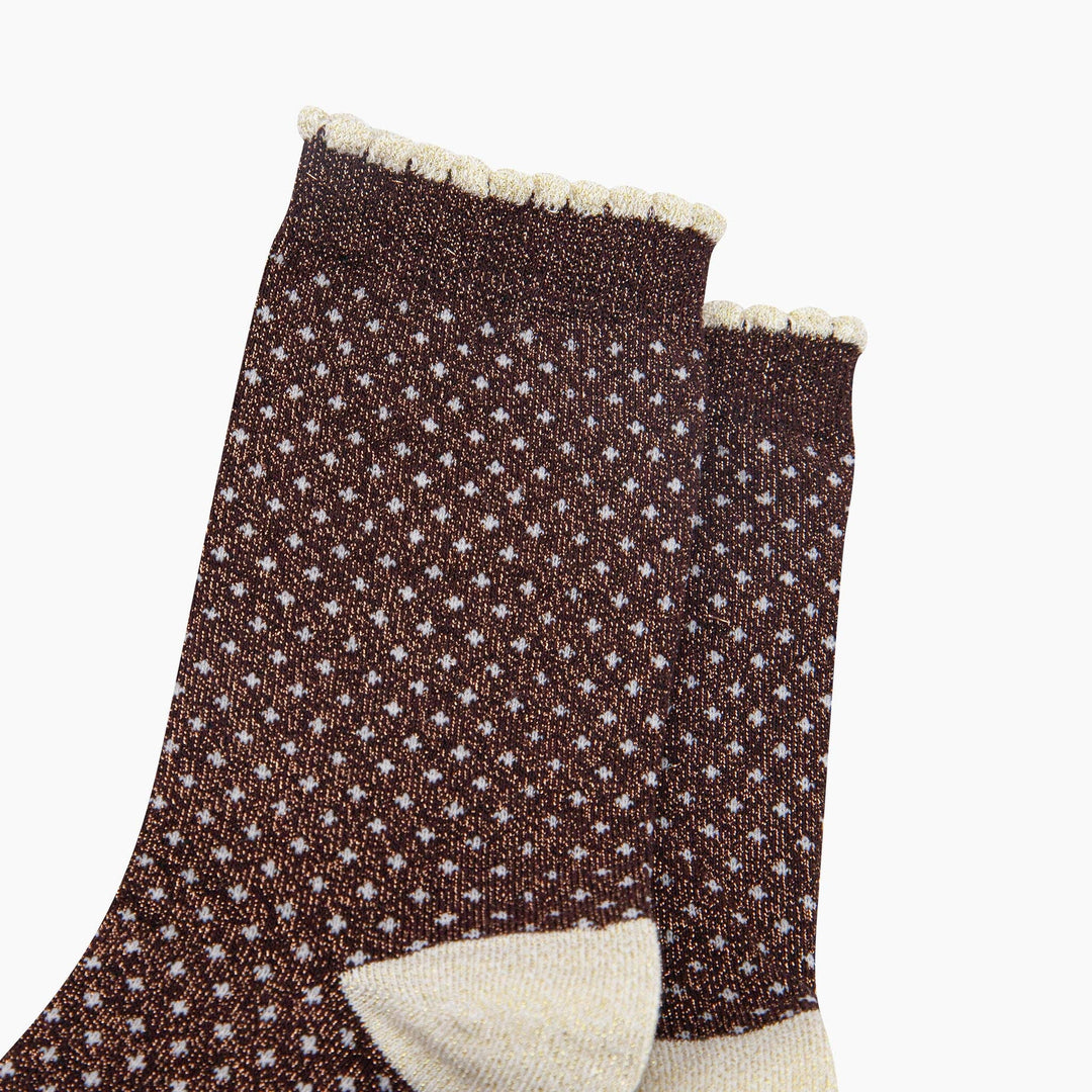 Chocolate brown glitter crew socks with white polka dots and cream scallop cuff