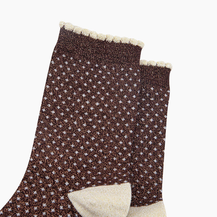 Chocolate brown glitter crew socks with white polka dots and cream scallop cuff