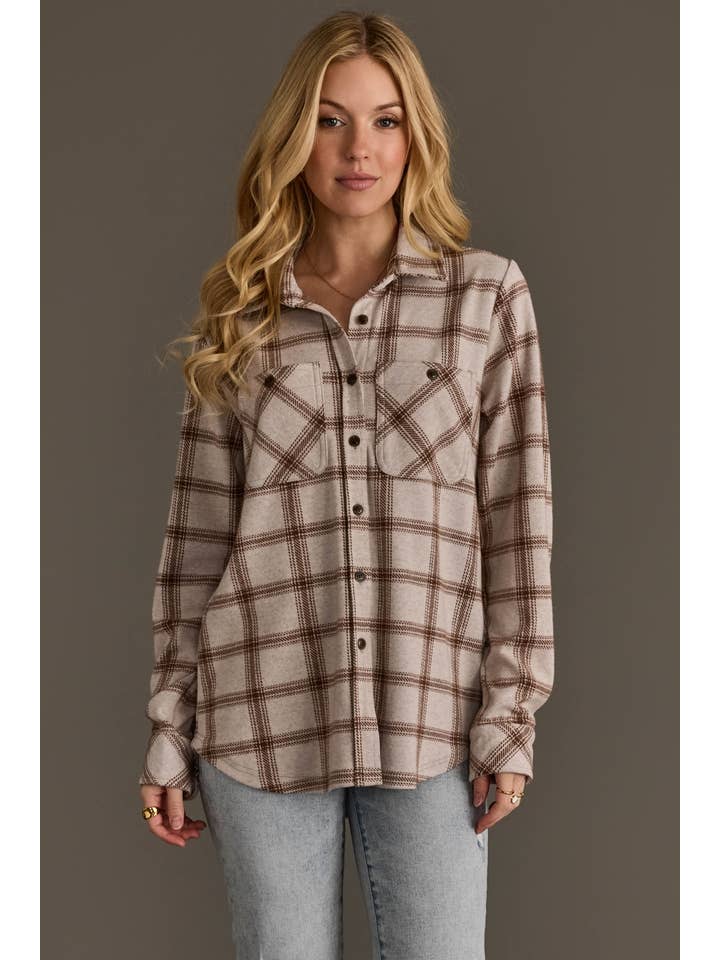 Lt. Taupe &amp; Brown Plaid Button Up