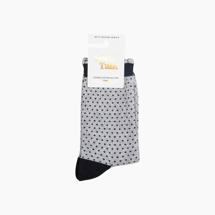 Grey polka dot combed cotton glitter ankle socks with dark navy cuffs and toe