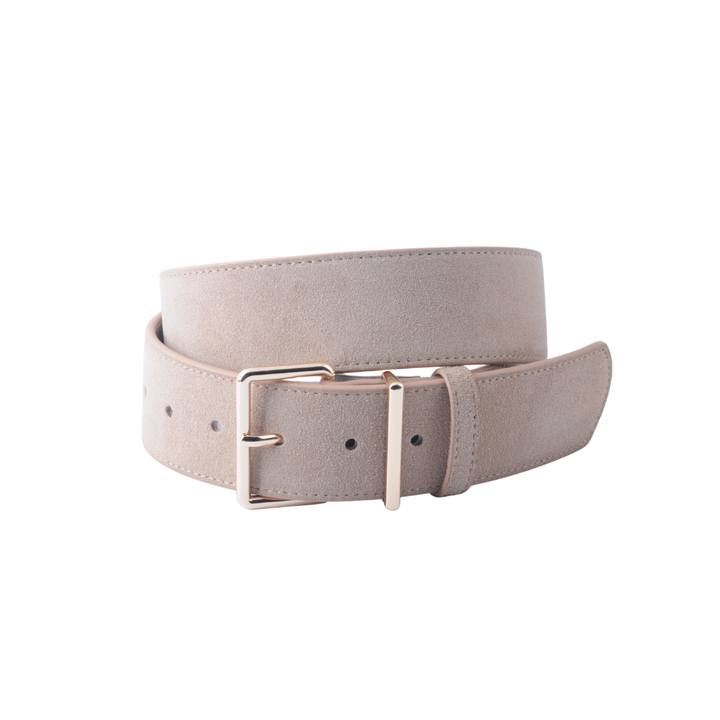 Most Wanted Springtime suede belt in toasted almond with sharp angular gold buckle