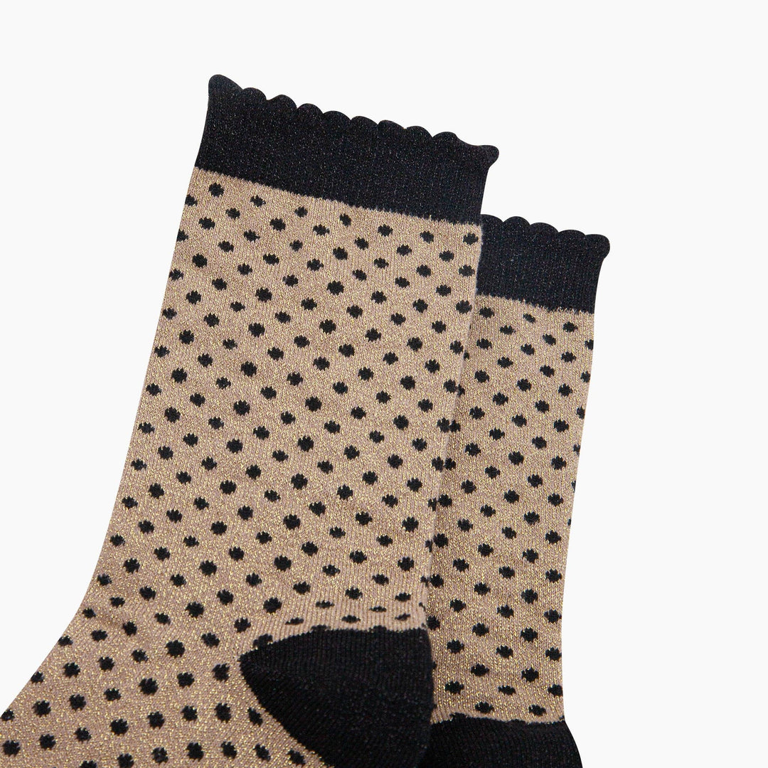 Black and gold glitter ankle socks with polka dots and scalloped cuff edge