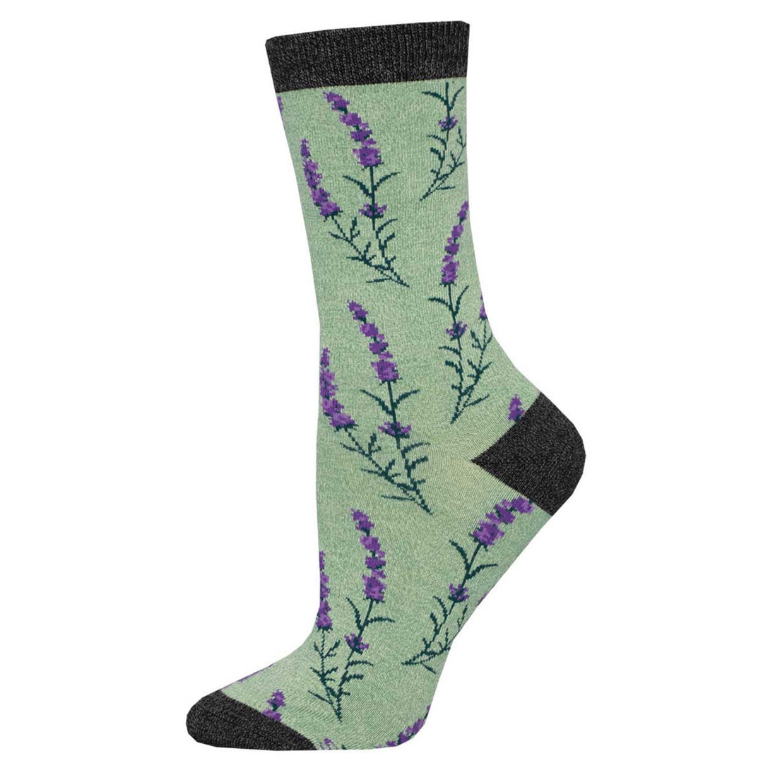 Socksmith Lovely Lavender crew socks in green heather with purple lavender sprigs pattern