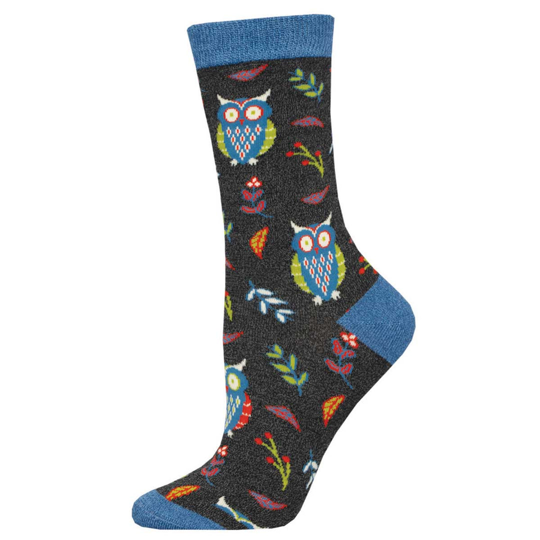 Socksmith Cute Hoot Socks in charcoal heather with colorful owl and leaf pattern