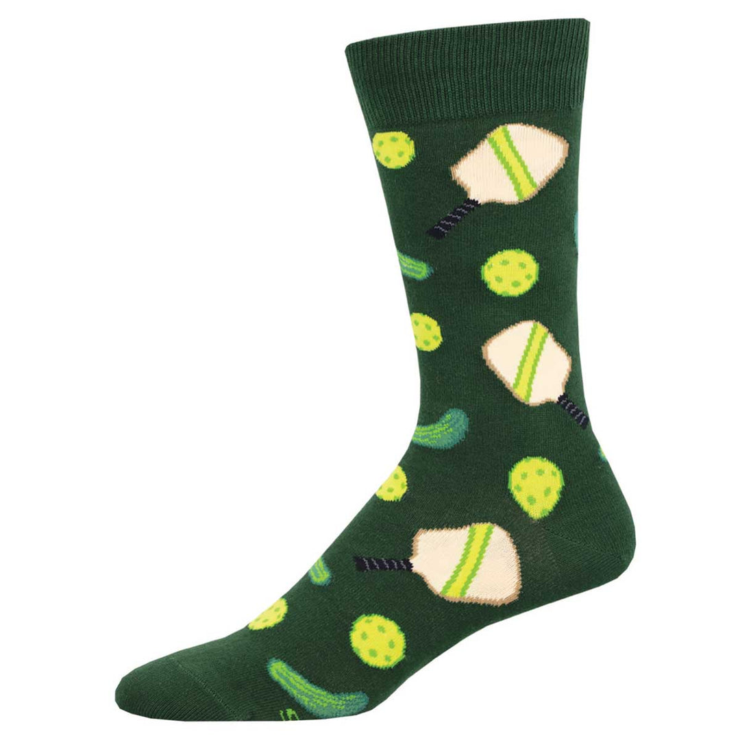 Socksmith green pickleball socks featuring paddles, balls, and pickle motifs on dark green background