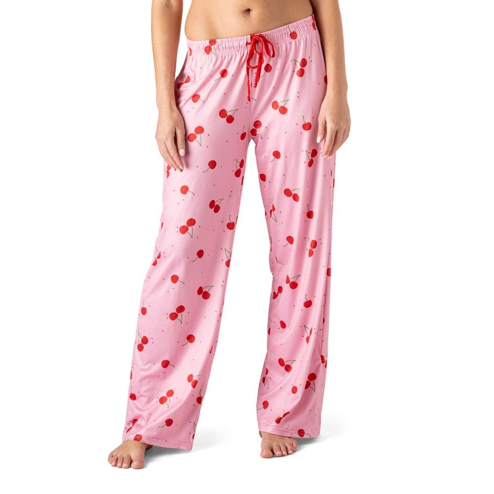 Pink pajama pants with red cherry print pattern and drawstring waist