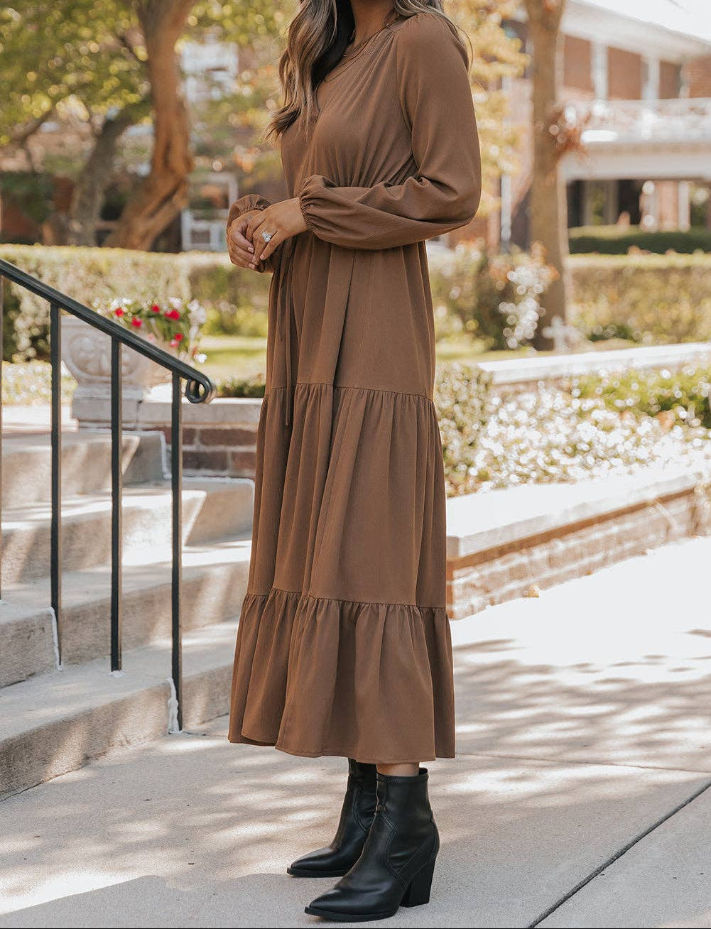 Solid Button V Neck Tiered Maxi Dress
