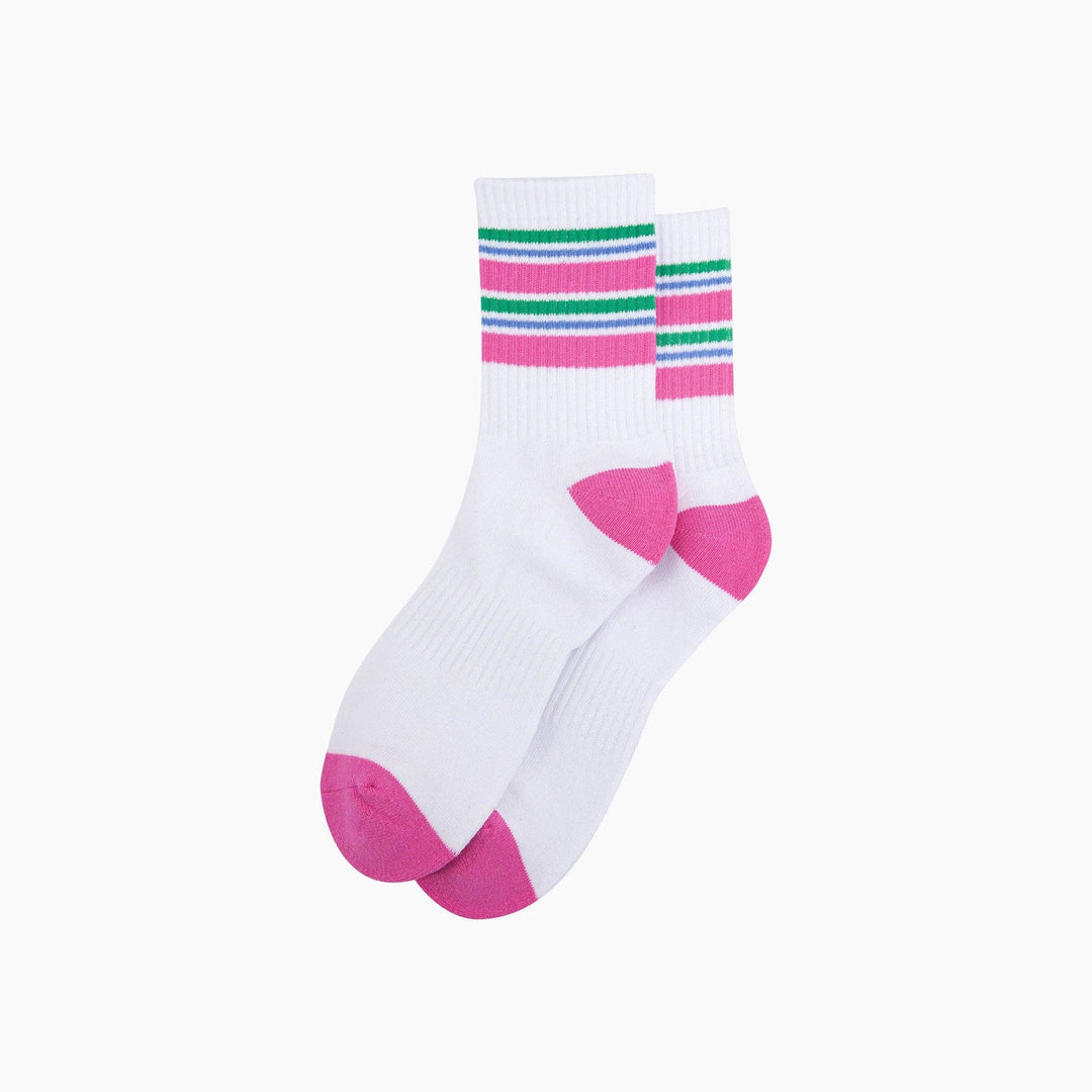White ankle sports socks with pink heel, toe, and stripes, green and blue stripe detail