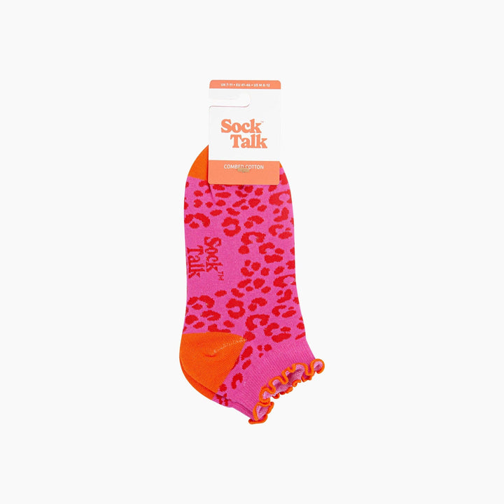 Pink leopard print ankle socks with orange frilled cuff and heel, Sock Talk