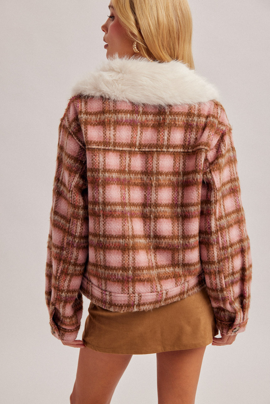 Fluffy Detachable Collar Button Down Loose-Fit Jacket