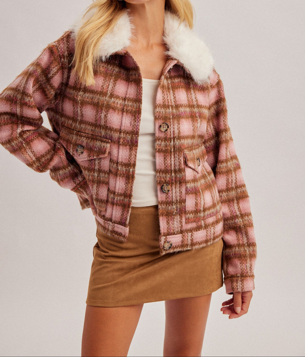 Fluffy Detachable Collar Button Down Loose-Fit Jacket