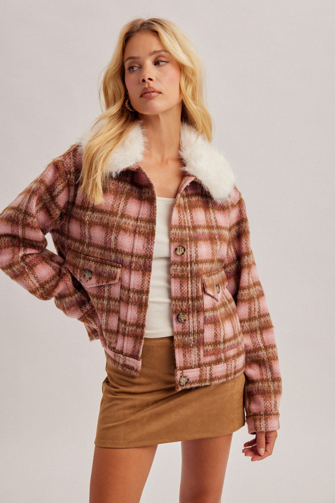 Fluffy Detachable Collar Button Down Loose-Fit Jacket