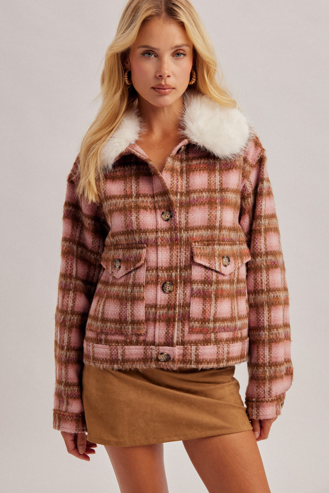 Fluffy Detachable Collar Button Down Loose-Fit Jacket