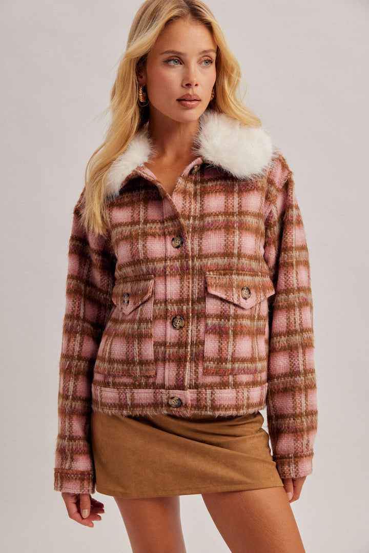 Fluffy Detachable Collar Button Down Loose-Fit Jacket