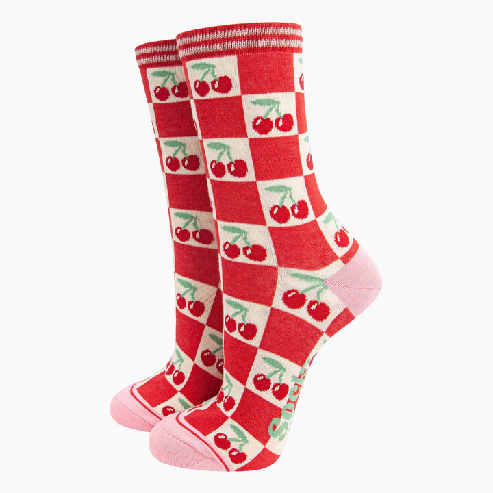 Cherry Checkerboard Bamboo Socks in Red/Cream