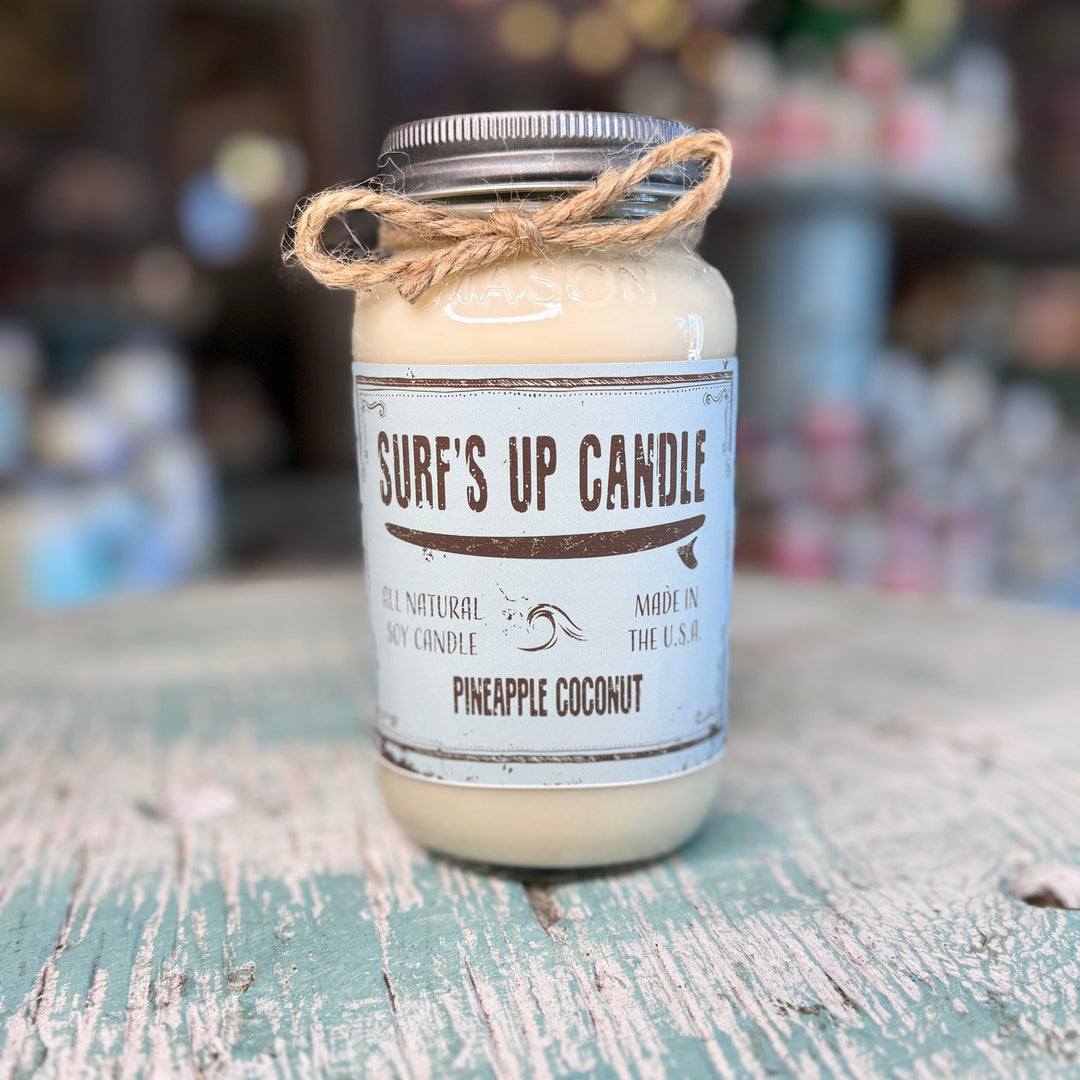 Surf's Up Candle Pineapple Coconut scented all-natural soy candle in mason jar with twine bow