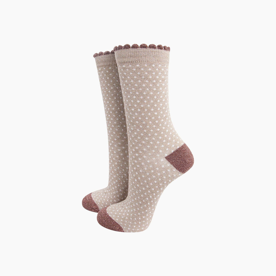 Beige polka dot crew socks with mauve glitter scalloped cuff and contrast heel toe