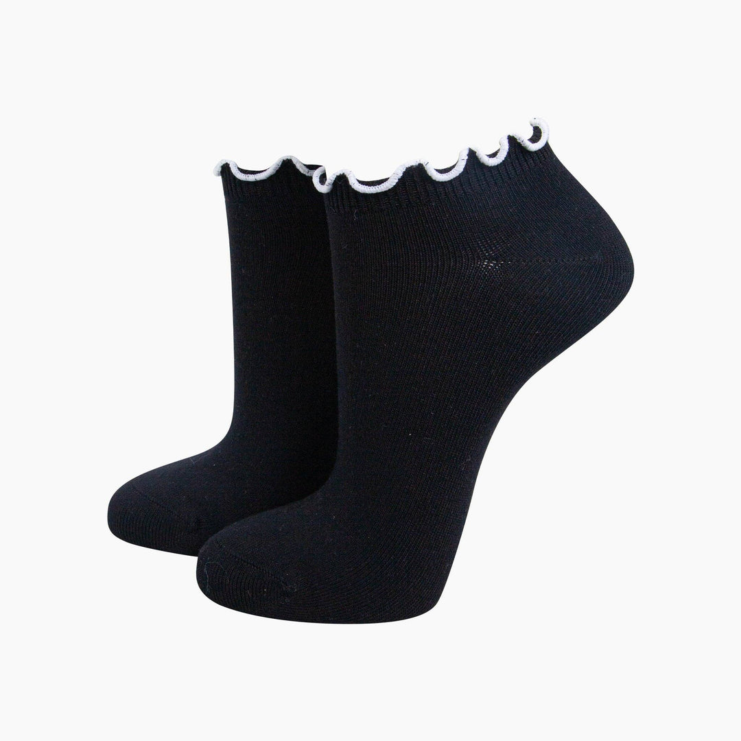 Black bamboo ankle trainer socks with white scallop frilly trim cuff, pair displayed
