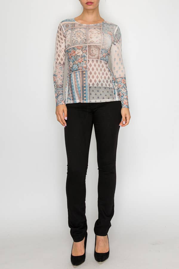 Long sleeved mesh top with patchwork print in rodeo colorway styled with black pants