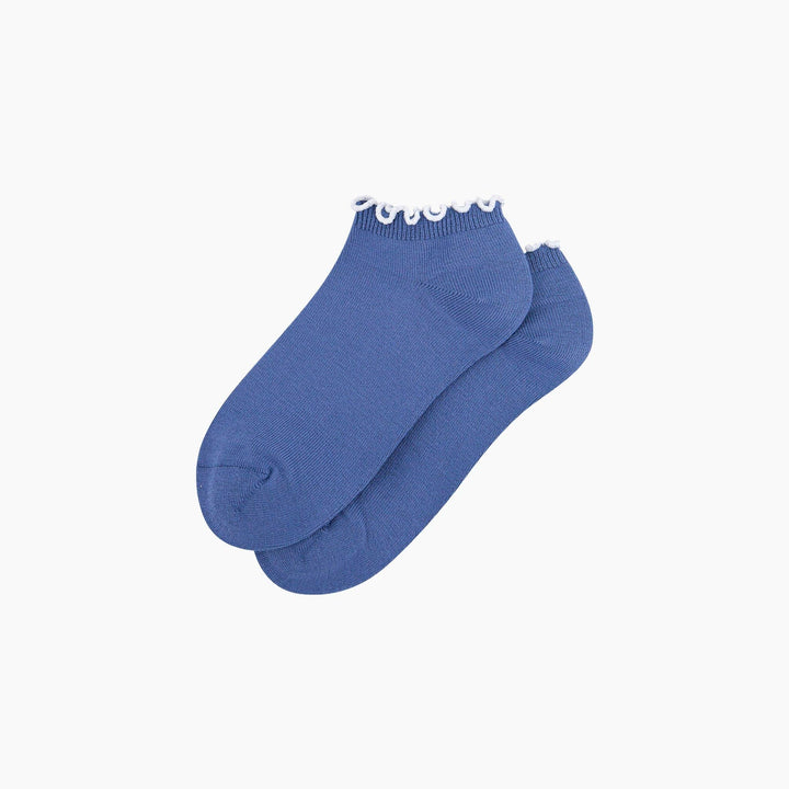 Blue bamboo ankle trainer socks with white frilly trim cuff, pair shown