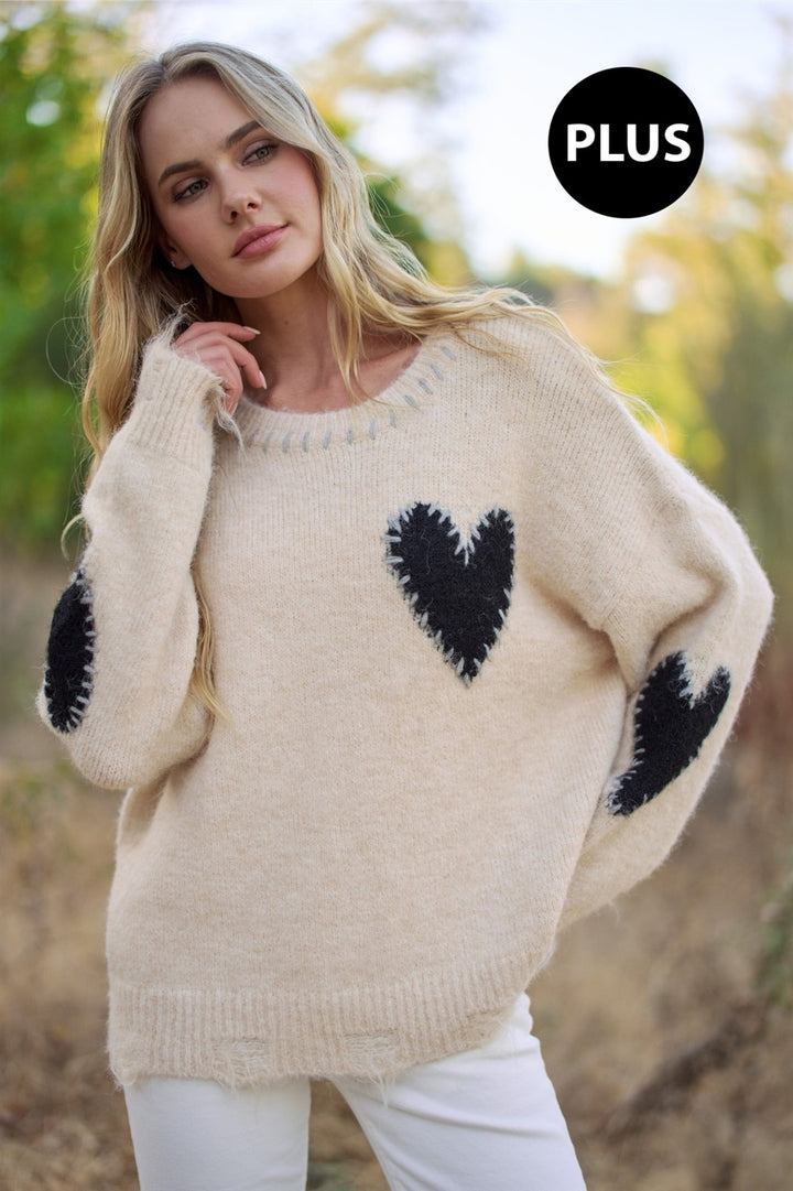 Long Sleeve Heart Patch Knit Sweater