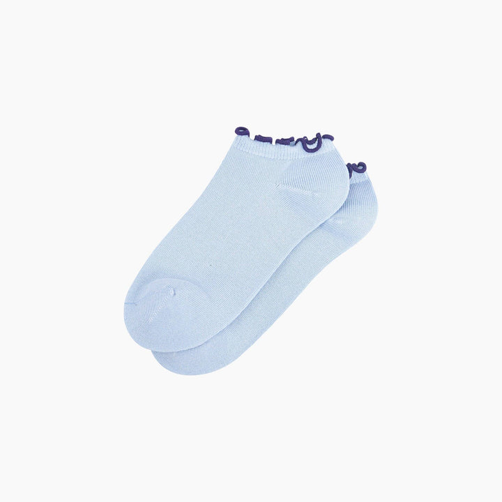 Light blue bamboo ankle socks with navy frilly ruffle trim, laid flat pair