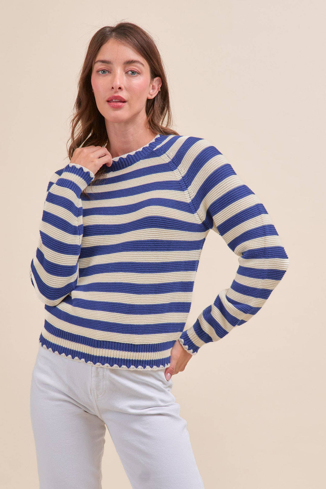 Striped Puff Sleeve Sweater w/ Contrast Stitch