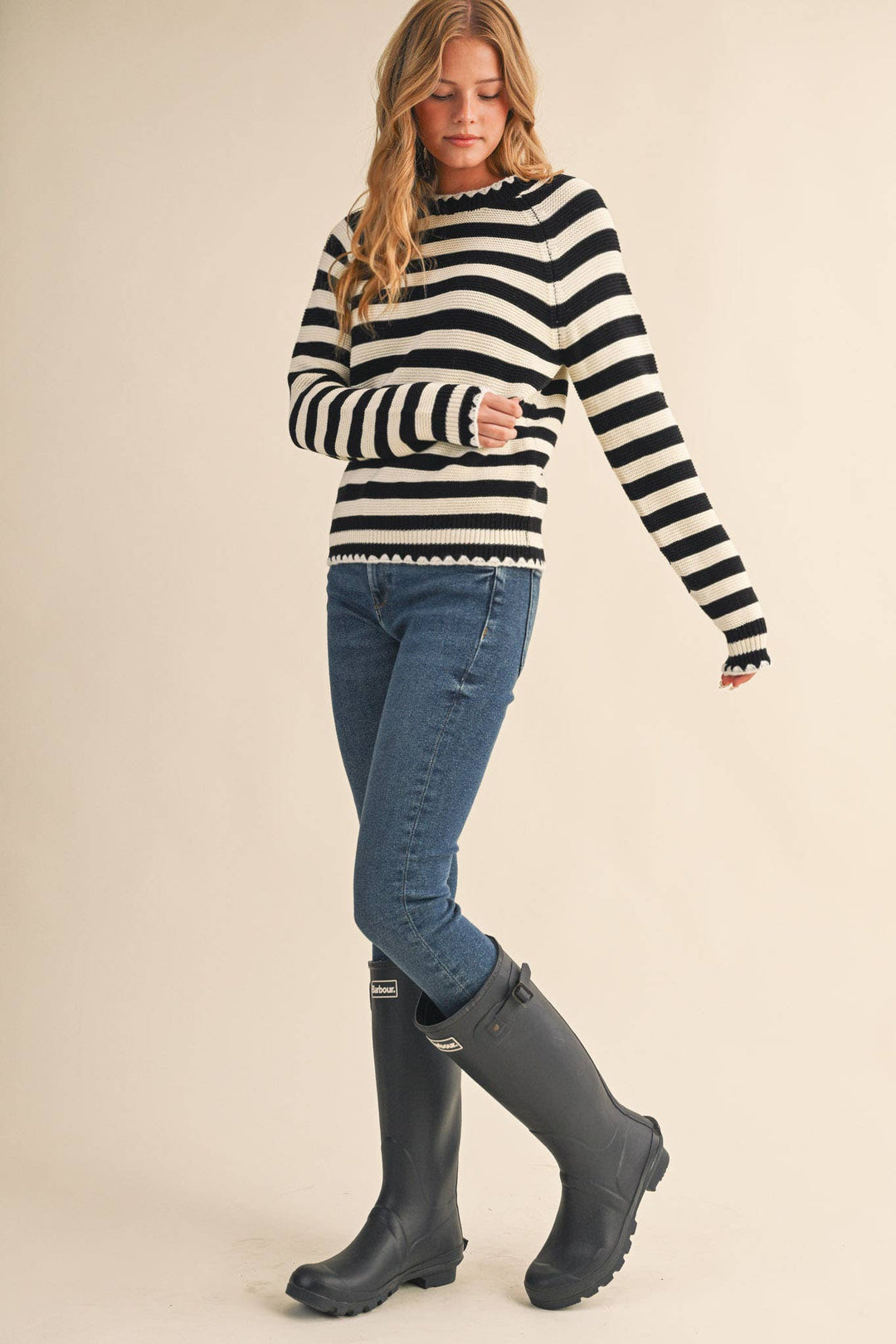 Striped Puff Sleeve Sweater w/ Contrast Stitch