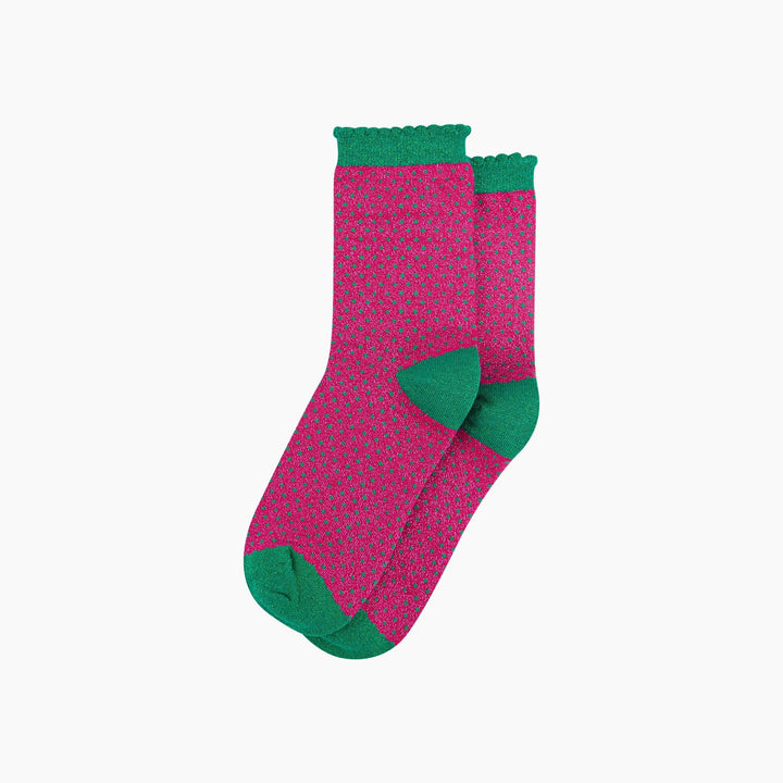 Hot pink and green polka dot glitter ankle socks with scalloped cuff